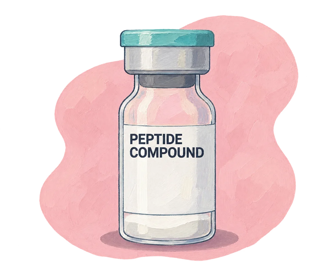 Illustration of a medical vial labeled PEPTIDE COMPOUND