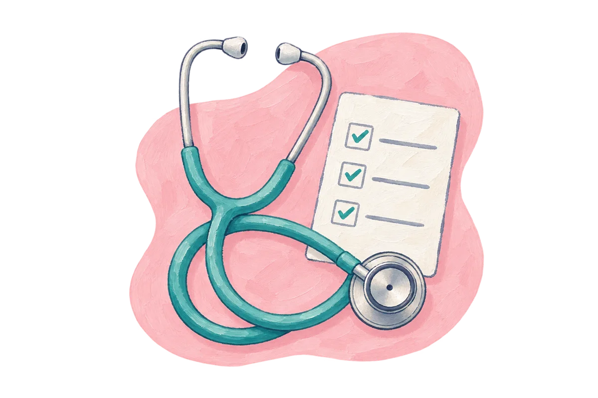 Stethoscope and preventive-care checklist for a well-woman visit